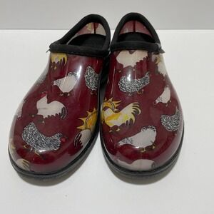 Sloggers Chicken Print Garden Shoes Womens 8 Burgundy Waterproof Rain Mules 5102